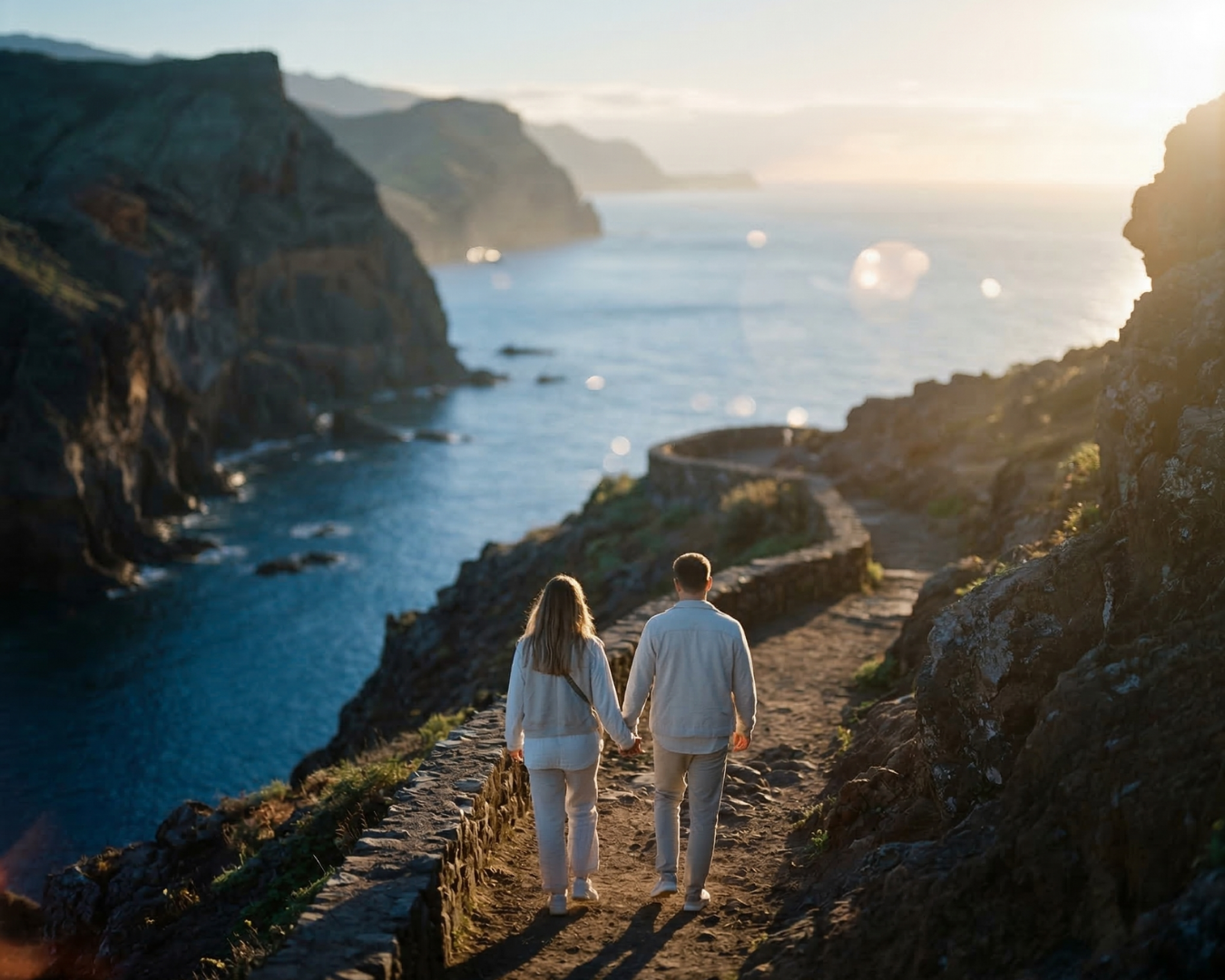 A romantic golden hour scene of a couple trekking along a cliffside path with breathtaking views of the ocean and mountainous coastline in the background.